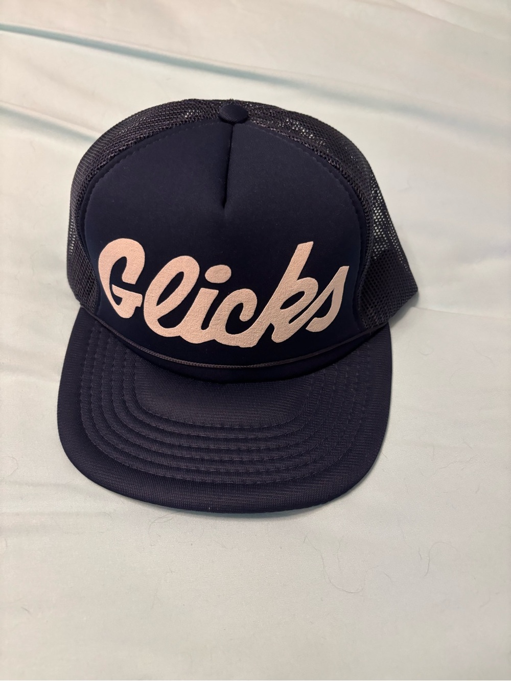 Navy Trucker Hat with Pink Script